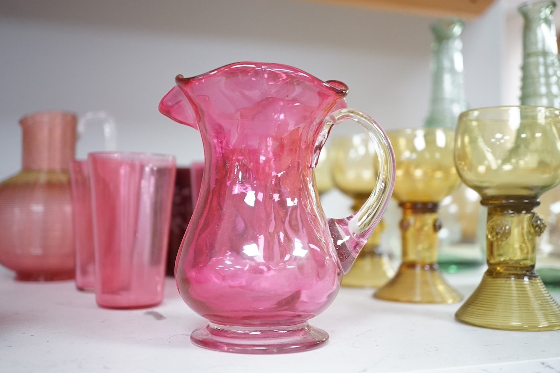 A collection of assorted coloured glassware, 19th century and later. Tallest 24cm. Condition - fair